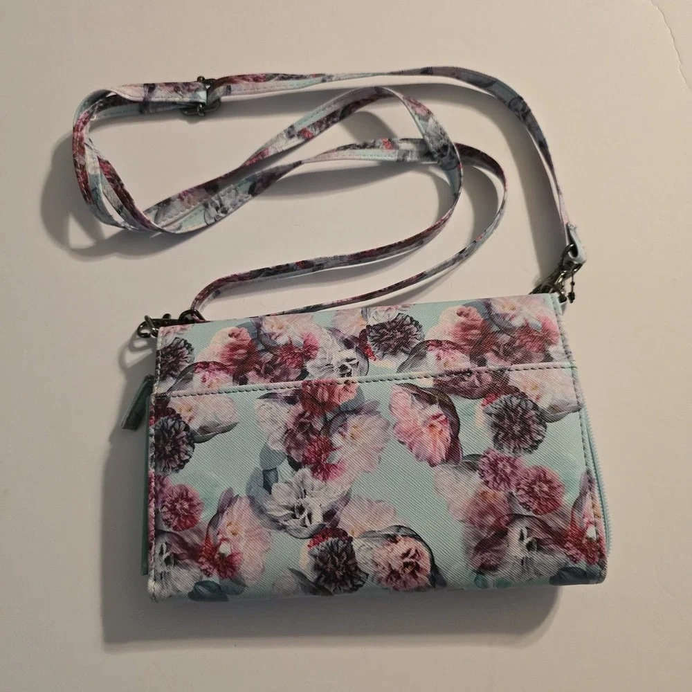 Floral Crossbody Wallet Bag Mint Green Pink Purple Faux Leather Small Handbag